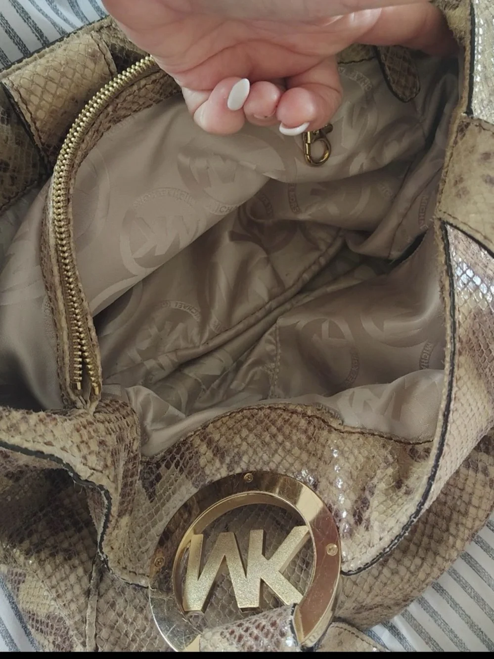 Michael Kors Tan Snake-Print Hobo with Gold MK Medallion